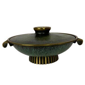 Vintage Dayagi Brass Enamel Lidded Dish Mosaic Rooster Handle Green Gold Israel